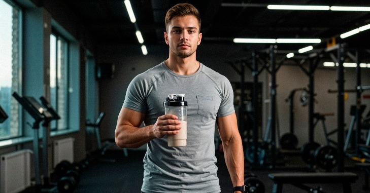 Trener drži napitak u teretani.