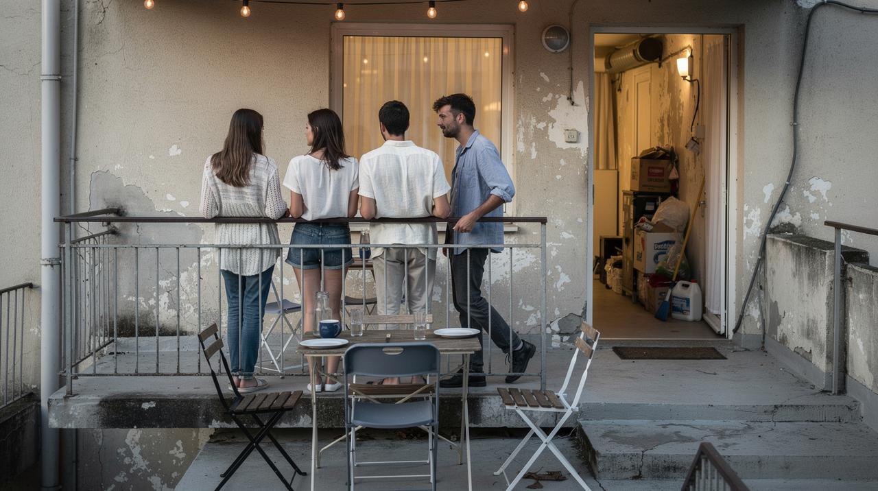 Četvoro ljudi stoji na tro&scaron;nom balkonu okrenuti ka osvetljenom prozoru