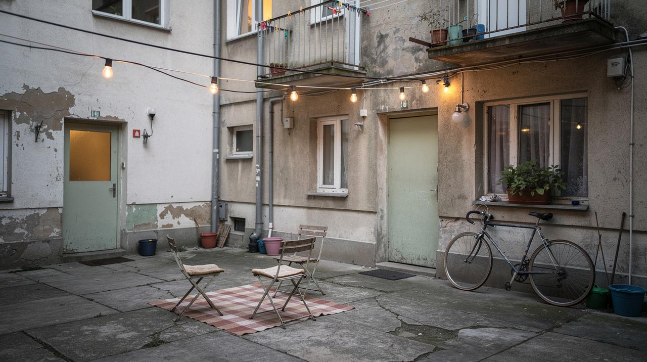 Dvori&scaron;te sa tri sklopive stolice postavljene na karirano ćebe i biciklom naslonjenim na zid