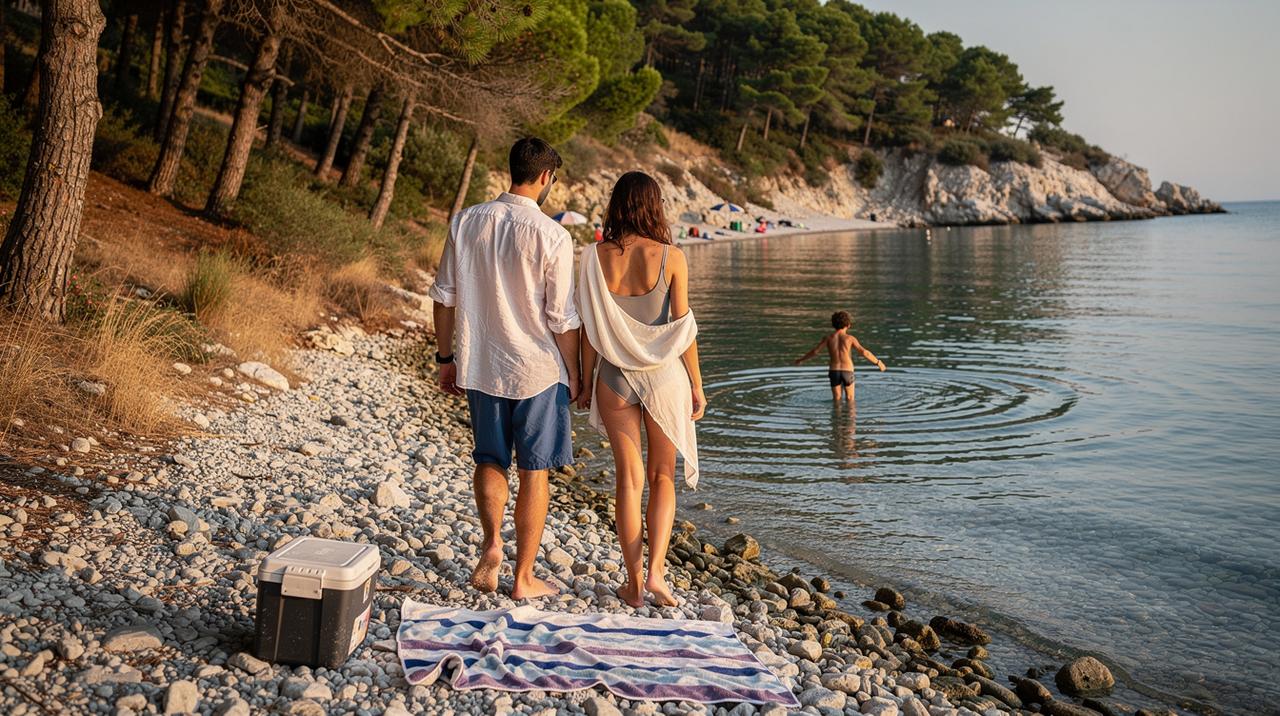 Par držeći se za ruke hoda po &scaron;ljunkovitoj plaži prema moru