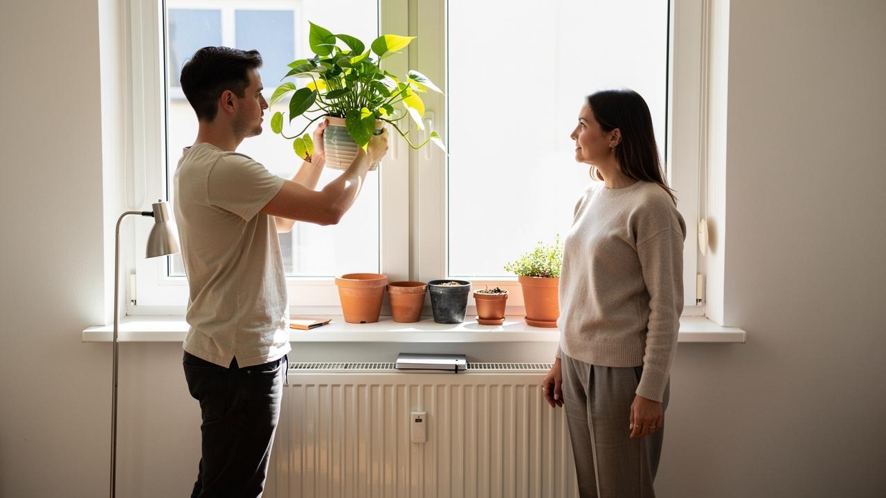 Mu&scaron;karac drži saksiju sa zelenom biljkom dok žena stoji pored prozora