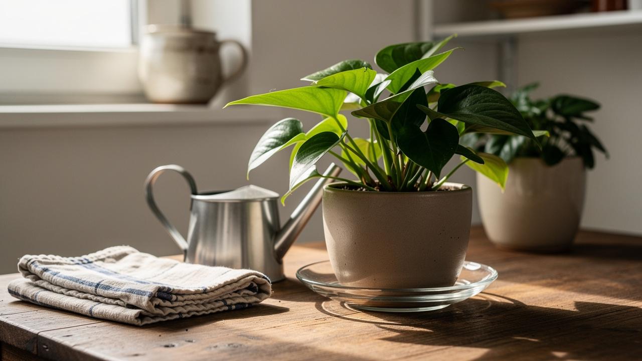 Sobna biljka u keramičkoj saksiji na drvenom stolu pored presavijenih krpa