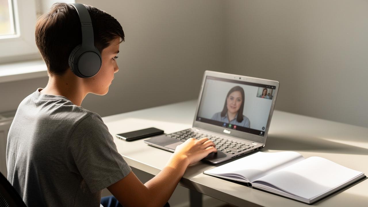 Dečak sa slu&scaron;alicama sedi za laptopom tokom video poziva