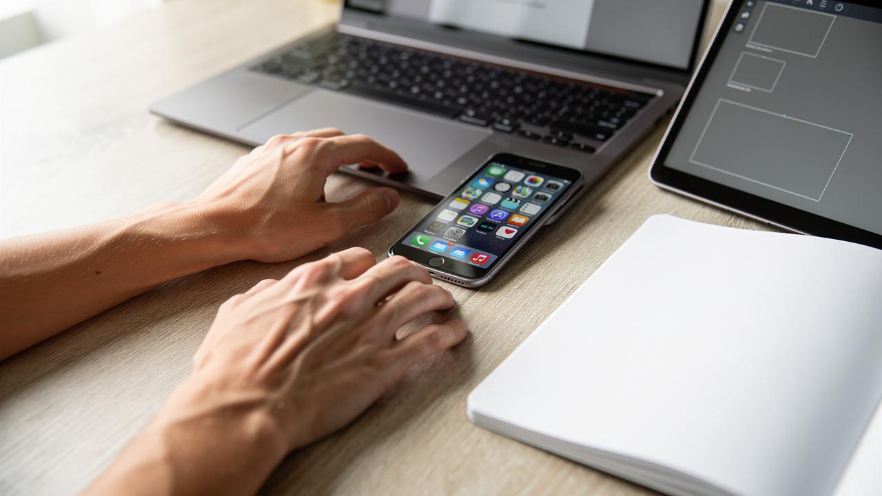 Ruke na laptopu pored pametnog telefona i otvorene beležnice