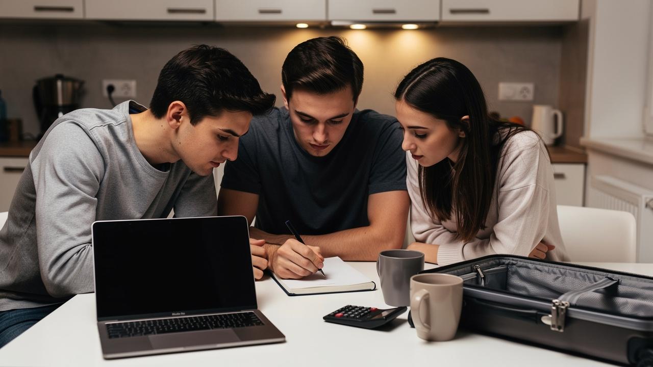 Tri mlade osobe za stolom pi&scaron;u bele&scaron;ke u svesci pored laptopa i kofera